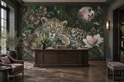 Moonlit Leopard Wallpaper Mural Dark Tropical Florals With Gold Accents
