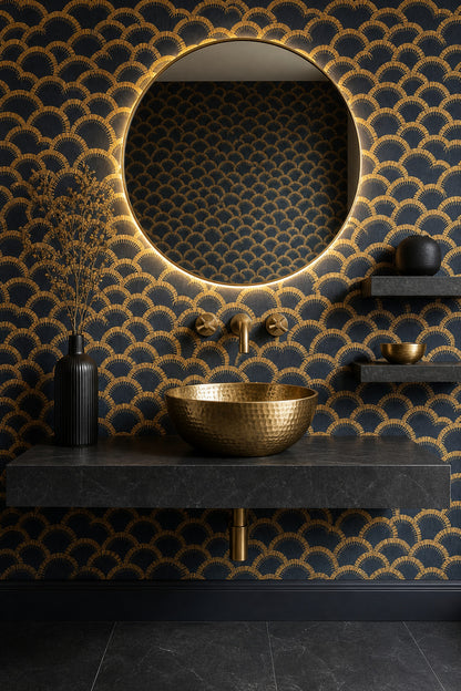 Gold Art Deco Arches Wallpaper Dark Navy Fan Motif