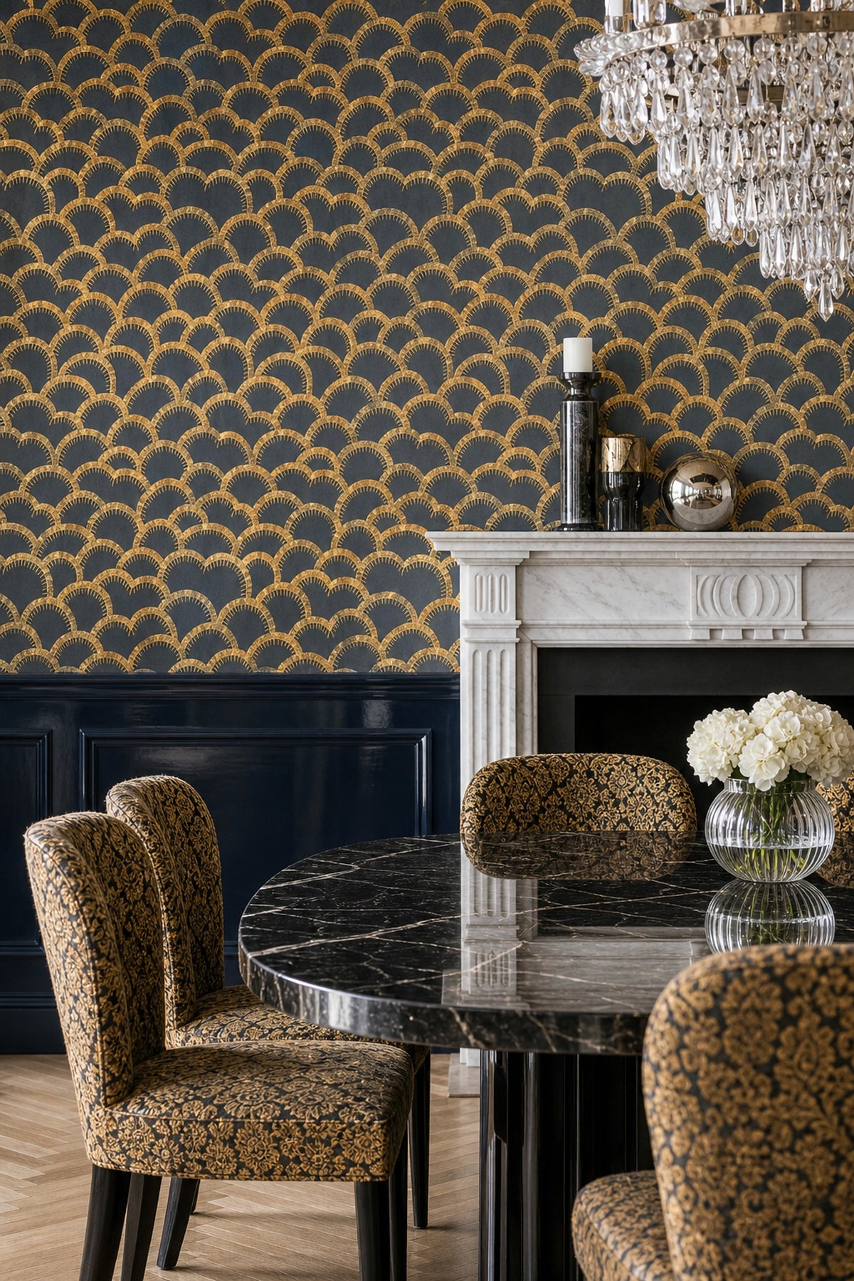 Gold Art Deco Arches Wallpaper Dark Navy Fan Motif