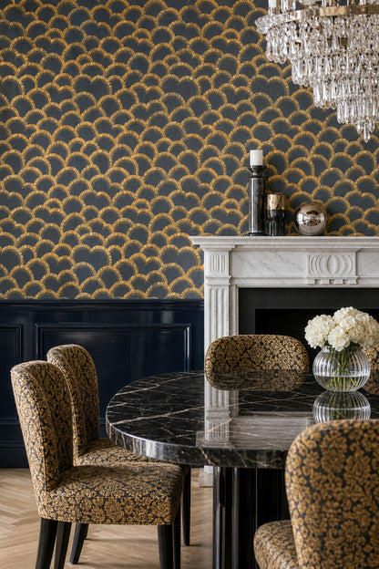 Gold Art Deco Arches Wallpaper Dark Navy Fan Motif