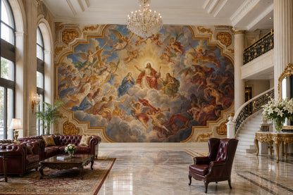 Jesus And Angels Baroque Fresco Wallpaper Mural: Ornate Gold Frame