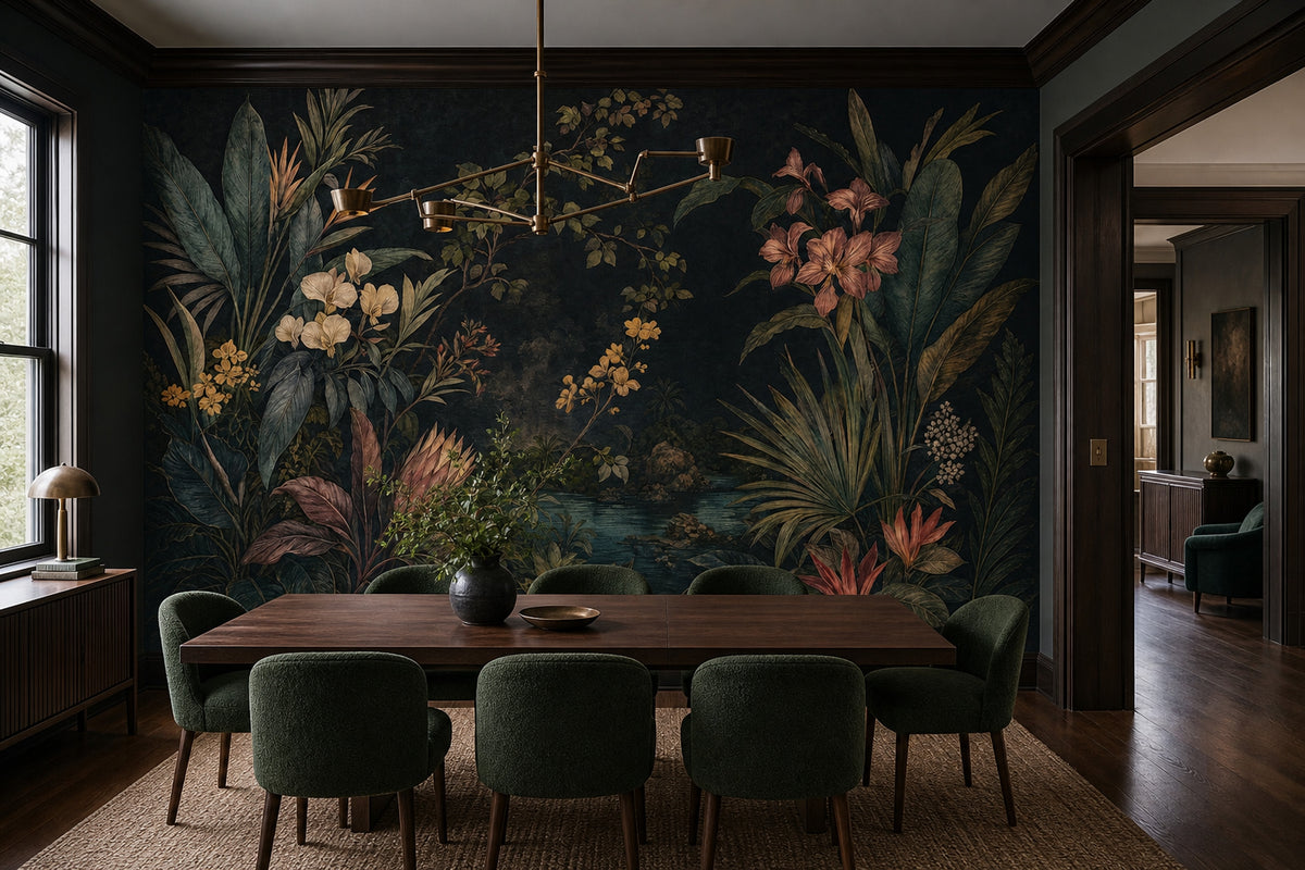 Dark Tropical Leaves Wallpaper Mural Vintage Inspired Botanical Jungle Landscape