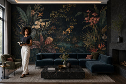 Dark Tropical Leaves Wallpaper Mural Vintage Inspired Botanical Jungle Landscape