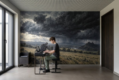Kneeling Medieval Knight Wallpaper Mural, Dark Storm Cloud Fantasy Landscape