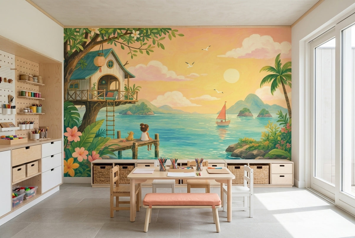 Tropical Treehouse Pier Wallpaper Mural Watercolor: Turquoise Ocean Sunset