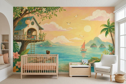 Tropical Treehouse Pier Wallpaper Mural Watercolor: Turquoise Ocean Sunset