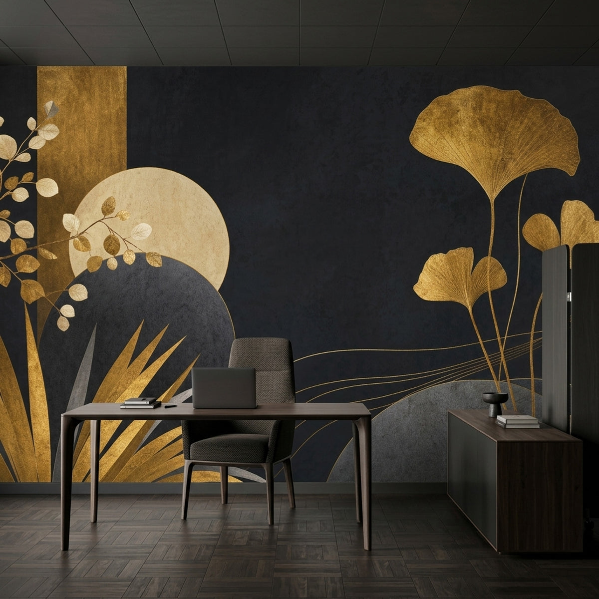 Gold Ginkgo Leaves Wallpaper Mural Art Deco Black Background