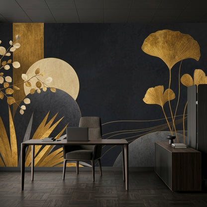 Gold Ginkgo Leaves Wallpaper Mural Art Deco Black Background