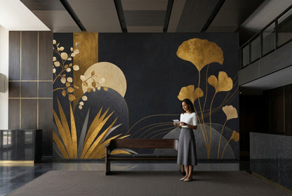 Gold Ginkgo Leaves Wallpaper Mural Art Deco Black Background