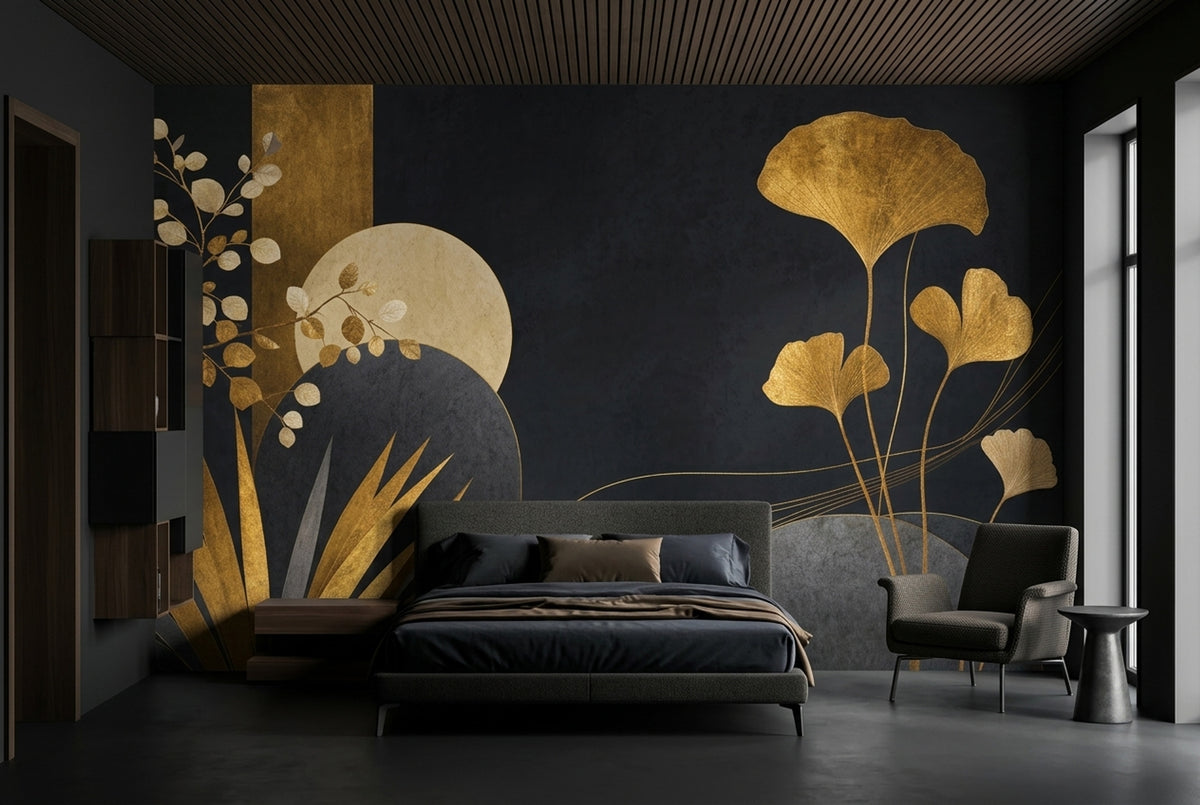 Gold Ginkgo Leaves Wallpaper Mural Art Deco Black Background