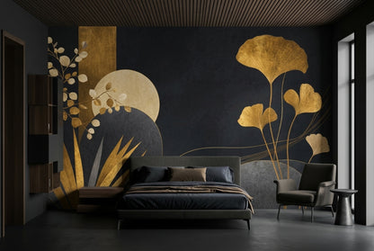 Gold Ginkgo Leaves Wallpaper Mural Art Deco Black Background