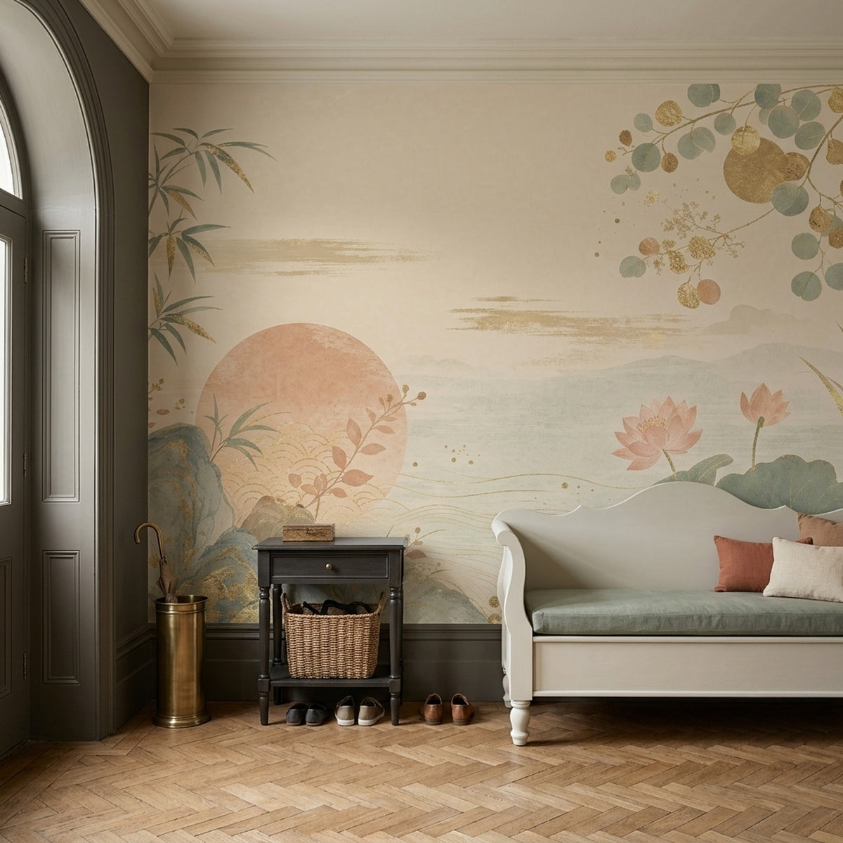 Lotus And Bamboo Wallpaper Mural Cream Chinoiserie Watercolor Landscape