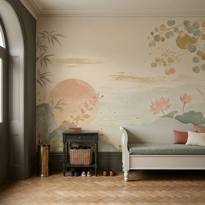 Lotus And Bamboo Wallpaper Mural Cream Chinoiserie Watercolor Landscape
