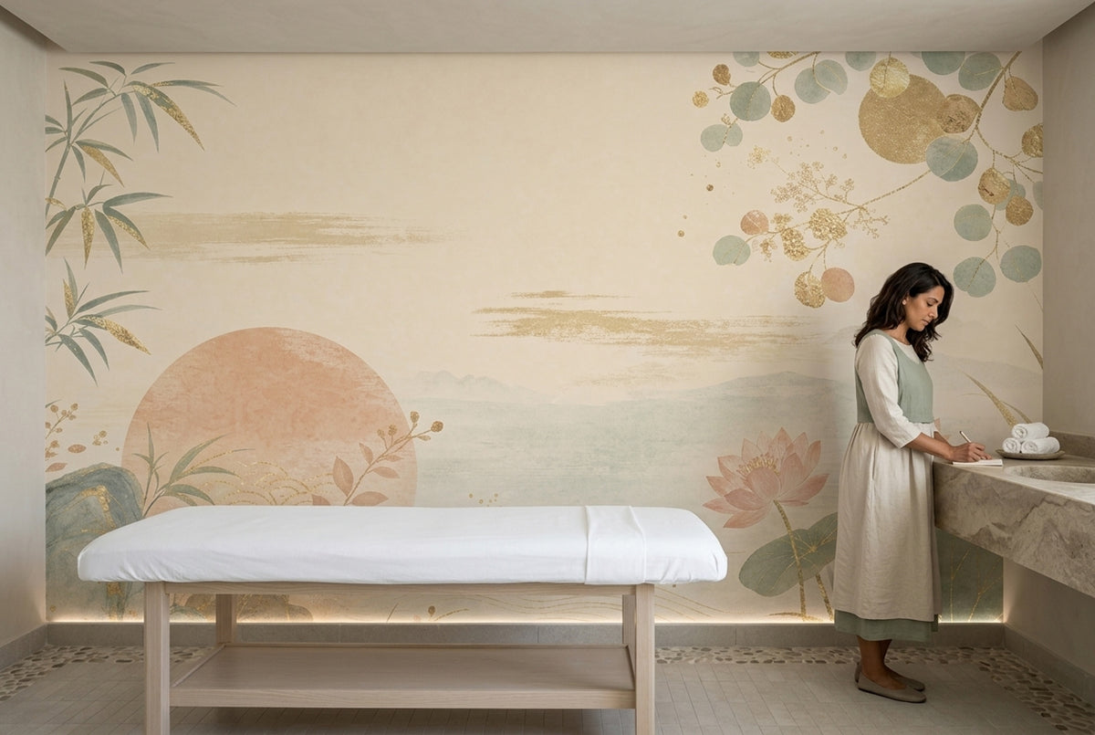 Lotus And Bamboo Wallpaper Mural Cream Chinoiserie Watercolor Landscape