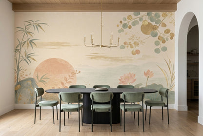 Lotus And Bamboo Wallpaper Mural Cream Chinoiserie Watercolor Landscape