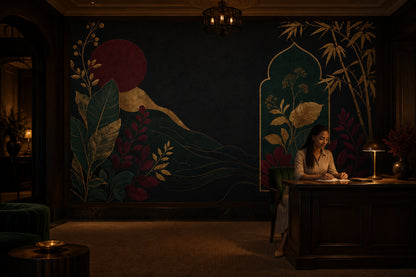 Gold Botanical Bamboo Wallpaper Mural Black Background With Burgundy Moon