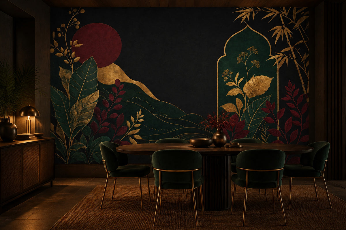 Gold Botanical Bamboo Wallpaper Mural Black Background With Burgundy Moon