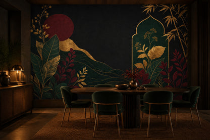 Gold Botanical Bamboo Wallpaper Mural Black Background With Burgundy Moon