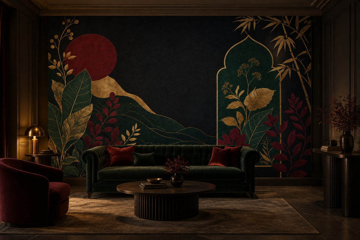 Gold Botanical Bamboo Wallpaper Mural Black Background With Burgundy Moon