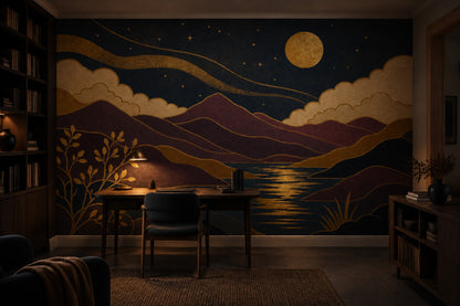 Golden Full Moon Scenic Landscape Wallpaper Mural Art Deco Navy