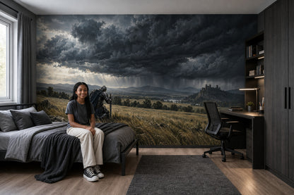 Kneeling Medieval Knight Wallpaper Mural, Dark Storm Cloud Fantasy Landscape