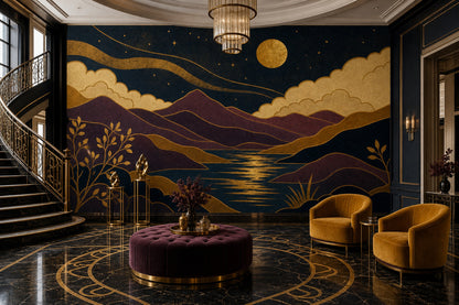 Golden Full Moon Scenic Landscape Wallpaper Mural Art Deco Navy
