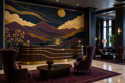 Golden Full Moon Scenic Landscape Wallpaper Mural Art Deco Navy