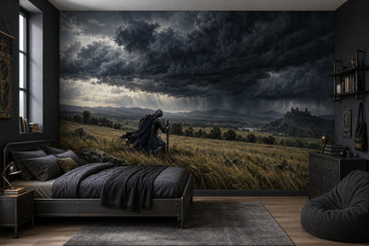 Kneeling Medieval Knight Wallpaper Mural, Dark Storm Cloud Fantasy Landscape