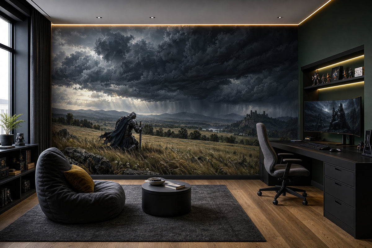 Kneeling Medieval Knight Wallpaper Mural, Dark Storm Cloud Fantasy Landscape
