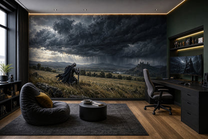 Kneeling Medieval Knight Wallpaper Mural, Dark Storm Cloud Fantasy Landscape