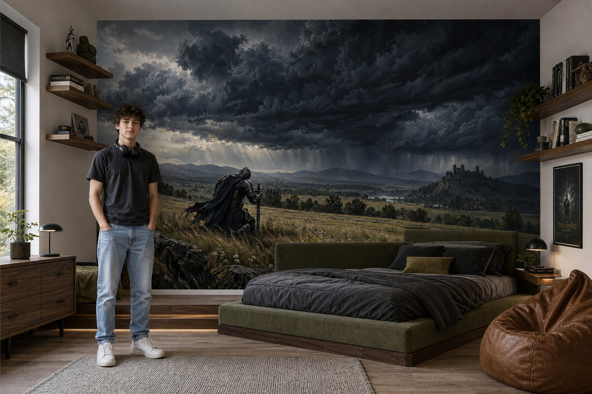 Kneeling Medieval Knight Wallpaper Mural, Dark Storm Cloud Fantasy Landscape