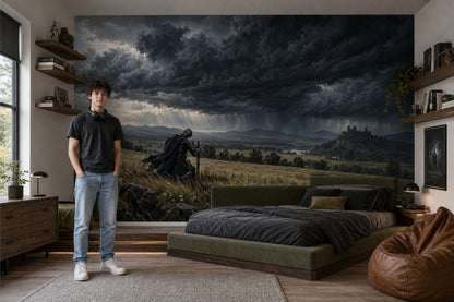 Kneeling Medieval Knight Wallpaper Mural, Dark Storm Cloud Fantasy Landscape