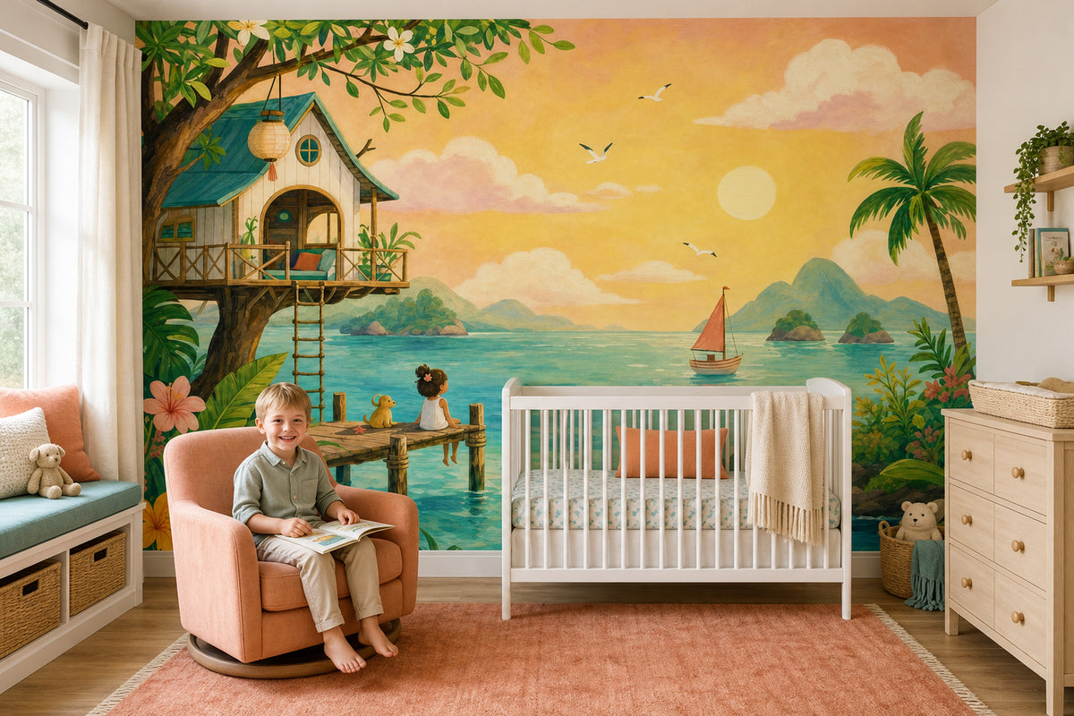 Tropical Treehouse Pier Wallpaper Mural Watercolor: Turquoise Ocean Sunset
