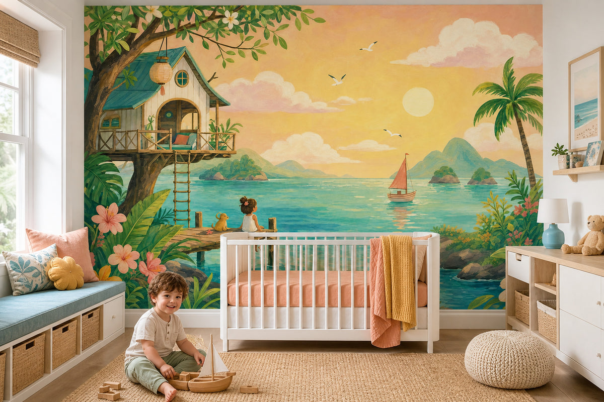 Tropical Treehouse Pier Wallpaper Mural Watercolor: Turquoise Ocean Sunset