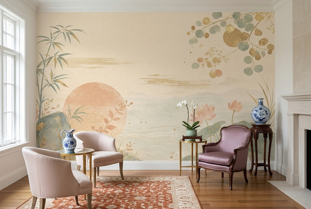 Lotus And Bamboo Wallpaper Mural Cream Chinoiserie Watercolor Landscape