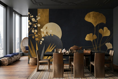 Gold Ginkgo Leaves Wallpaper Mural Art Deco Black Background