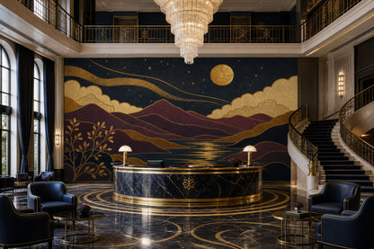 Golden Full Moon Scenic Landscape Wallpaper Mural Art Deco Navy