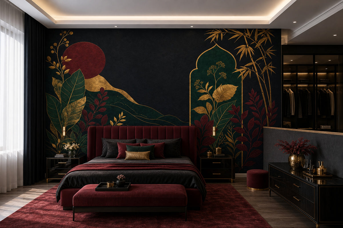 Gold Botanical Bamboo Wallpaper Mural Black Background With Burgundy Moon