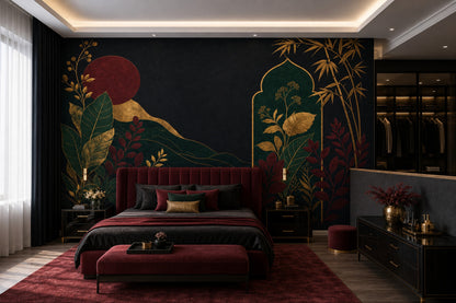 Gold Botanical Bamboo Wallpaper Mural Black Background With Burgundy Moon