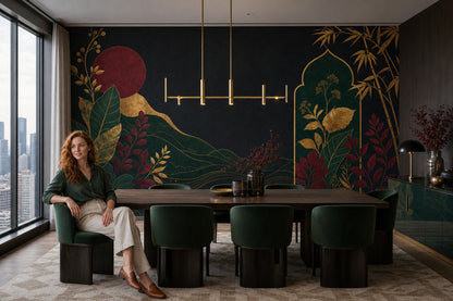 Gold Botanical Bamboo Wallpaper Mural Black Background With Burgundy Moon