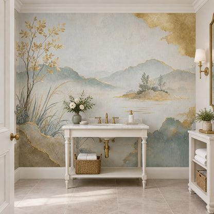Misty Mountain Lake Tree Wallpaper Mural, Light Cream Watercolor With Gold Leaf