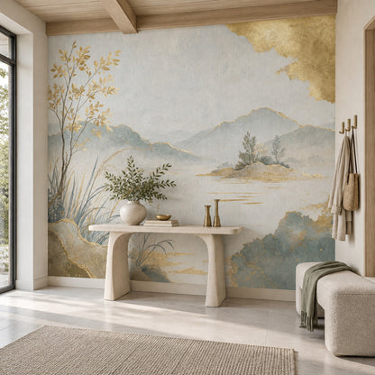 Misty Mountain Lake Tree Wallpaper Mural, Light Cream Watercolor With Gold Leaf