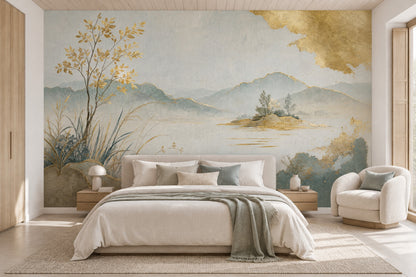 Misty Mountain Lake Tree Wallpaper Mural, Light Cream Watercolor With Gold Leaf