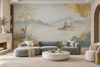 Misty Mountain Lake Tree Wallpaper Mural, Light Cream Watercolor With Gold Leaf