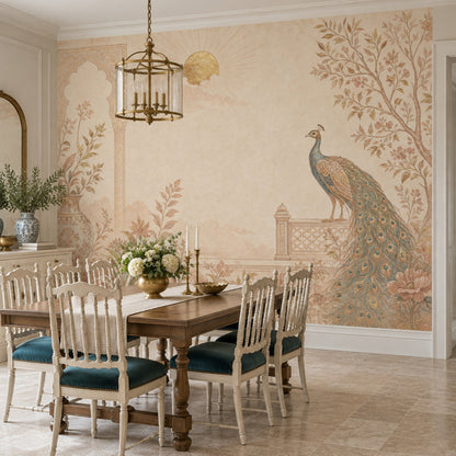 Peacock And Ornate Vase Wallpaper Mural Light Beige Chinoiserie