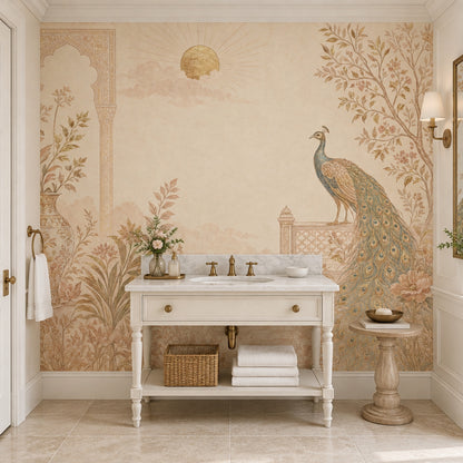 Peacock And Ornate Vase Wallpaper Mural Light Beige Chinoiserie