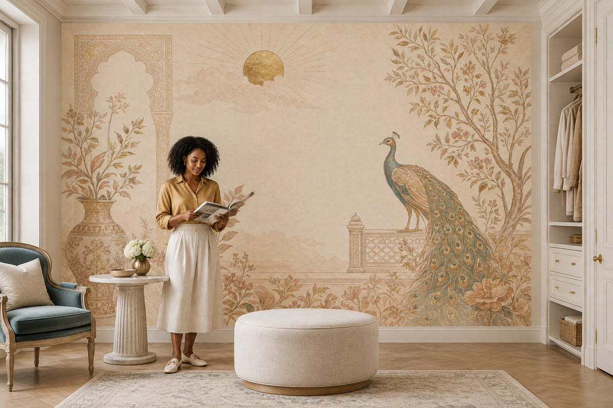 Peacock And Ornate Vase Wallpaper Mural Light Beige Chinoiserie