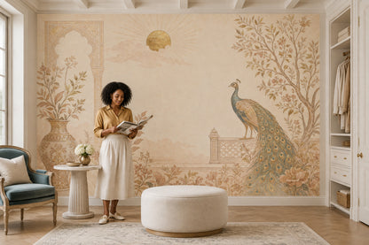 Peacock And Ornate Vase Wallpaper Mural Light Beige Chinoiserie
