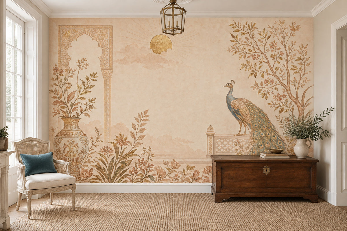 Peacock And Ornate Vase Wallpaper Mural Light Beige Chinoiserie