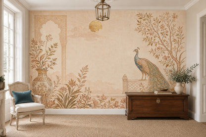 Peacock And Ornate Vase Wallpaper Mural Light Beige Chinoiserie